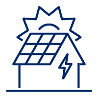 Pictogram of a house with solar panel in front of the sun lined in blue