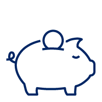 Pictogram of a piggy bank with one coin in the slot