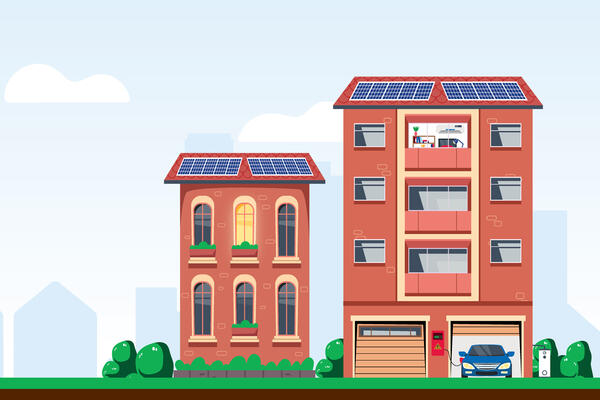 Apartment buildings with solar panels