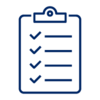 Pictogram of a clipboard with a list of check marks in blue